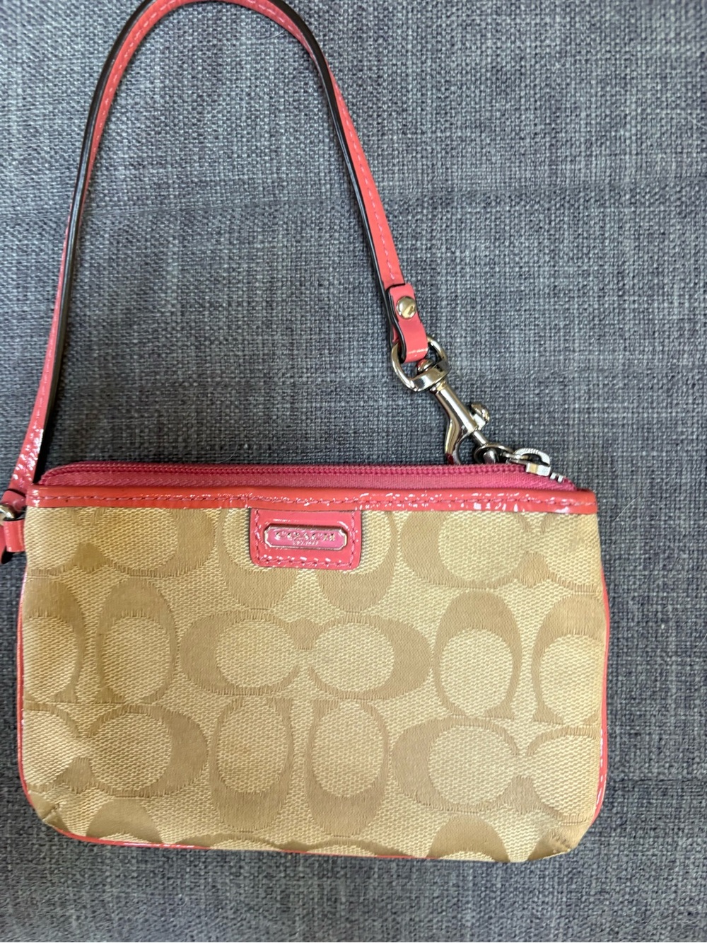 Coach Tan Signature Canvas Wristlet with Coral Trim